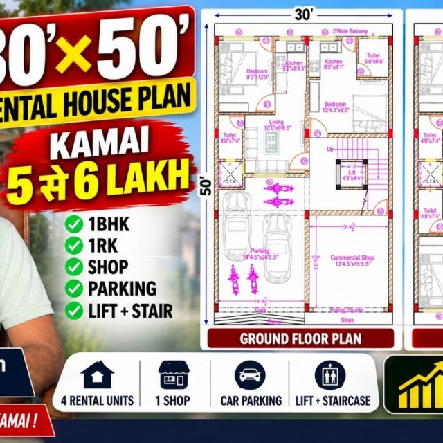 30×50 Rental House Plan G+1 | 6 Rental Units + Shop | 1BHK + 1RK