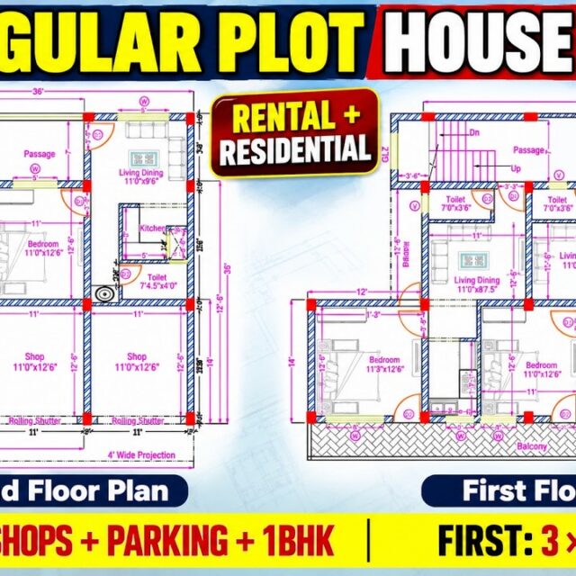 Irregular Plot Rental House Plan | 4 Shops + Parking + 1BHK Ground, 3×1BHK First Floor