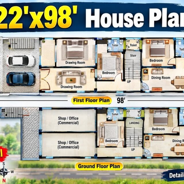 22×98 Commercial + Rental + Residential House Plan | 3 Shops with Car Parking