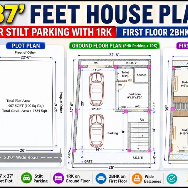 26×37 House Plan | Stilt Parking + 1RK Ground Floor, 2BHK First Floor