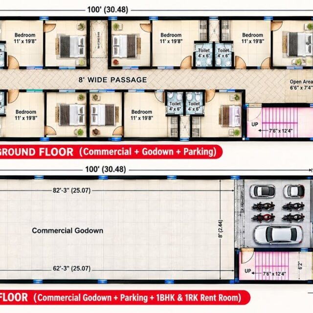 30×100 Rent Purpose House Design | Godown + Parking + 1BHK & 1RK Units